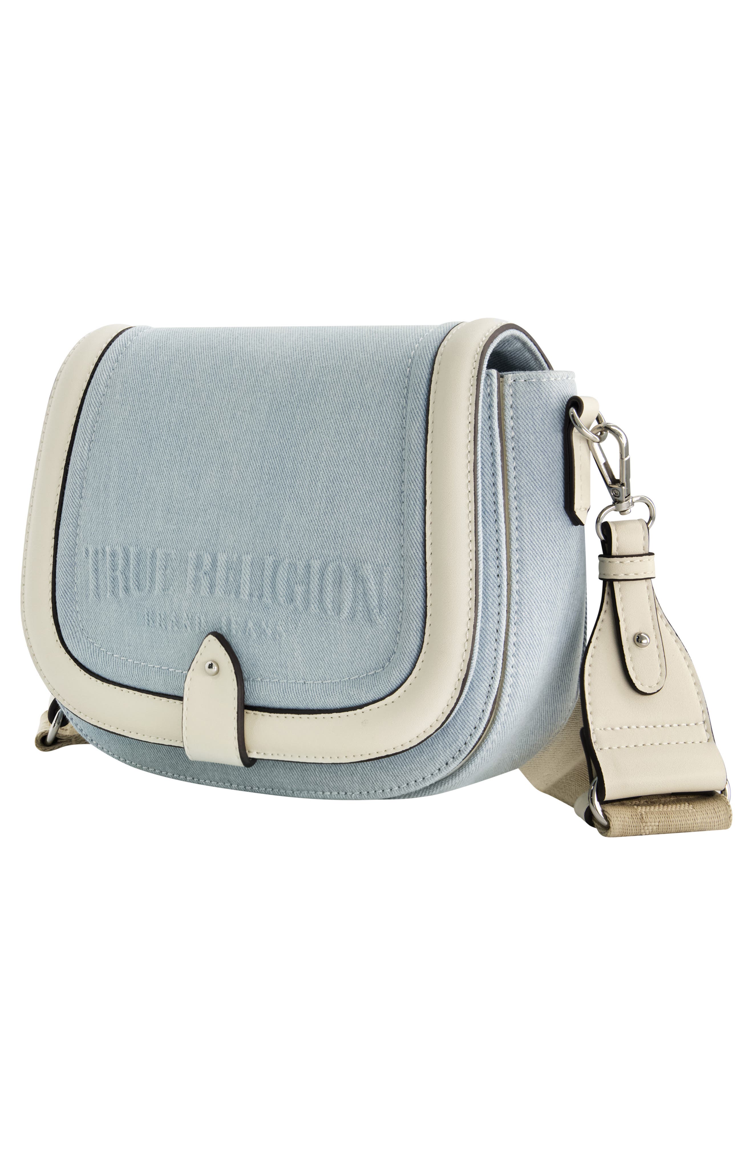 Distressed Logo Denim Saddle Bag, Alternate, color, LIGHT BLUE