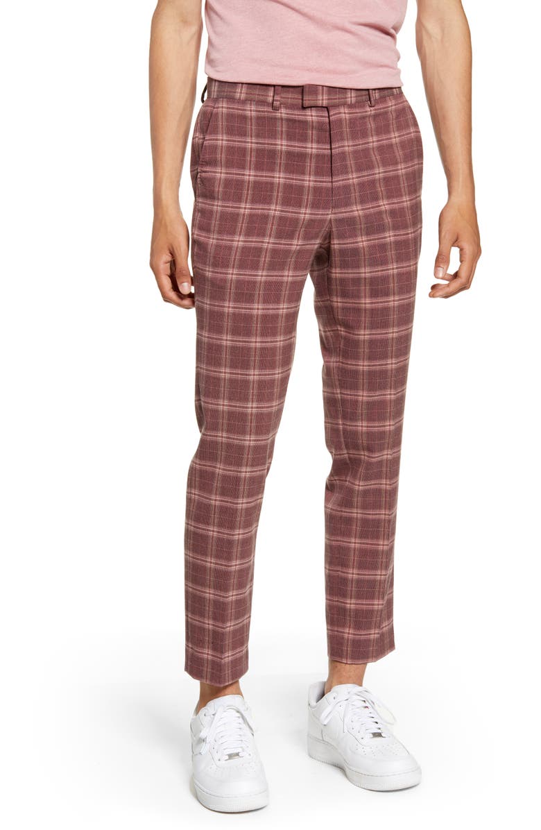 Topman Plaid Skinny Fit Crop Dress Pants, Main, color, 