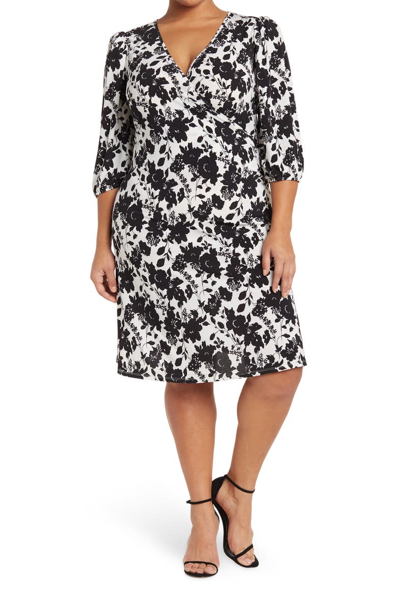 Amelia Side Ruched Surplice Dress, Main, color, BLACK/ WHITE FLORAL