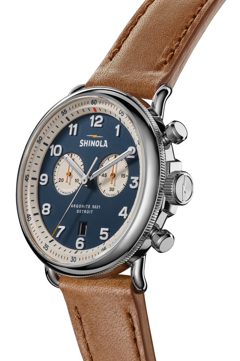 Canfield Model C56 Chronograph Leather Strap Watch, 43mm, Alternate, color, BLUE