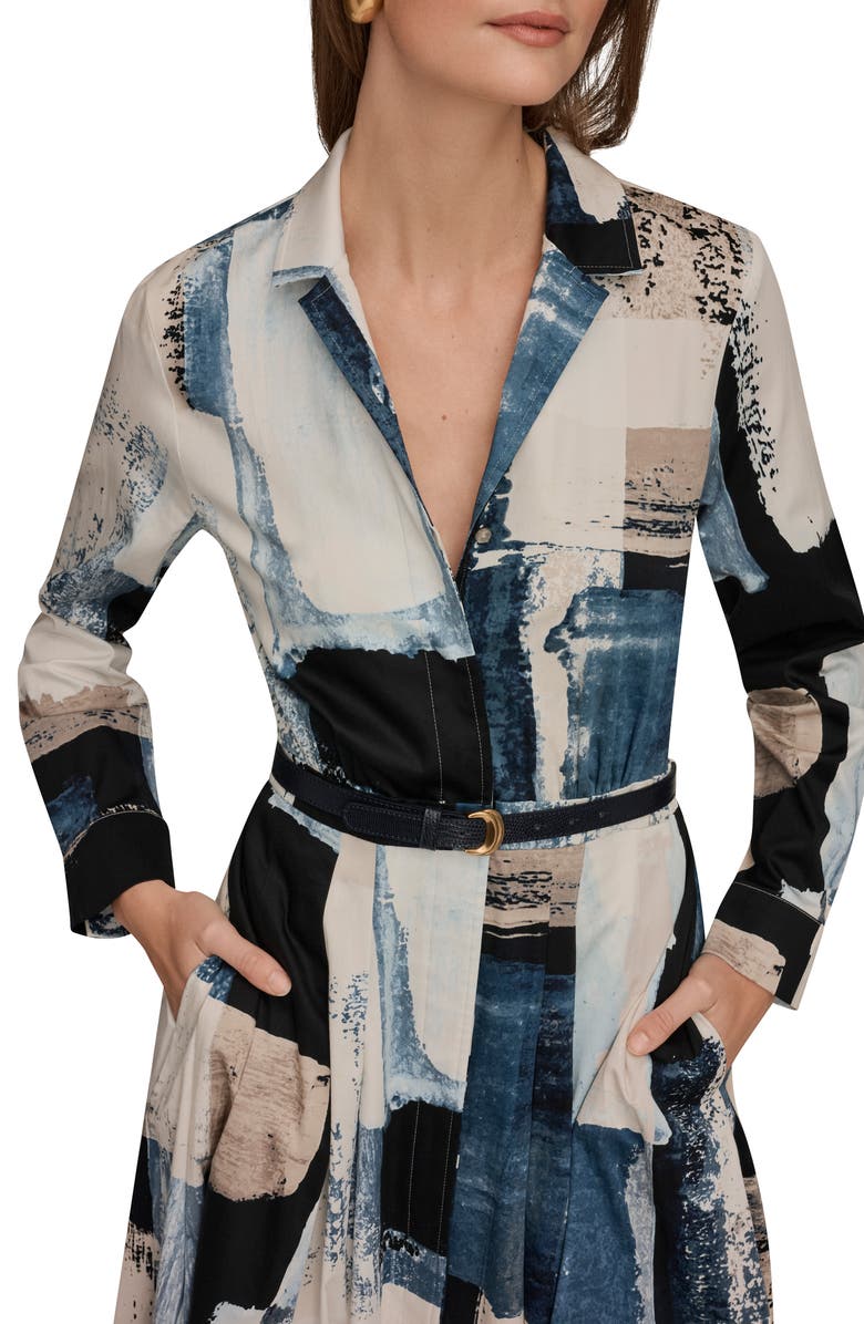 Donna Karan New York Print Pleated Long Sleeve Midi Dress, Alternate, color, Wshd Indigo/ Cream