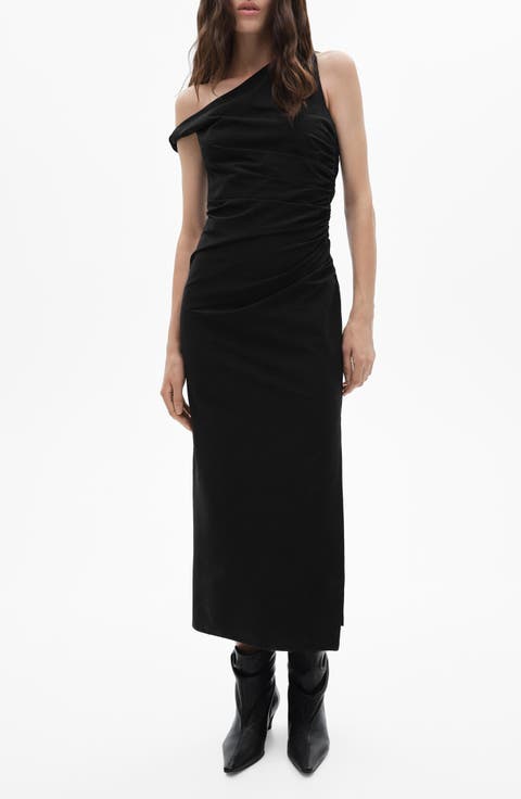 Foldover Asymmetrical Neck Button Front Dress