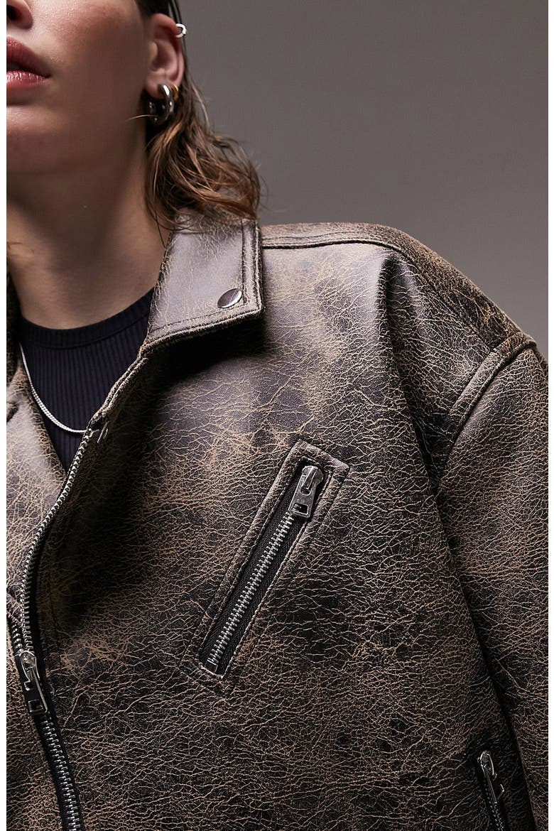 Oversize Faux Leather Biker Jacket, Alternate, color, BROWN