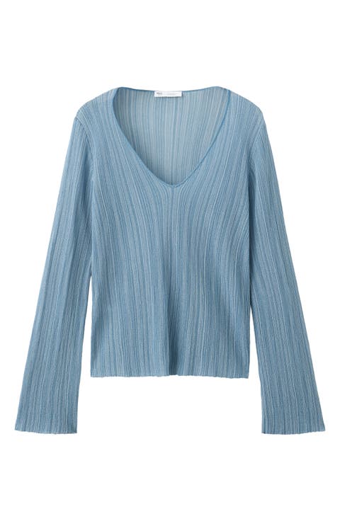 V Neck Lurex Crochet Sweater