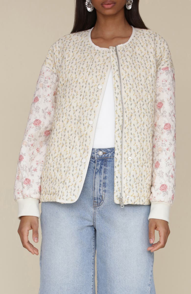 Avec Les Filles Floral Quilted Jacket, Main, color, White Pink Yellow