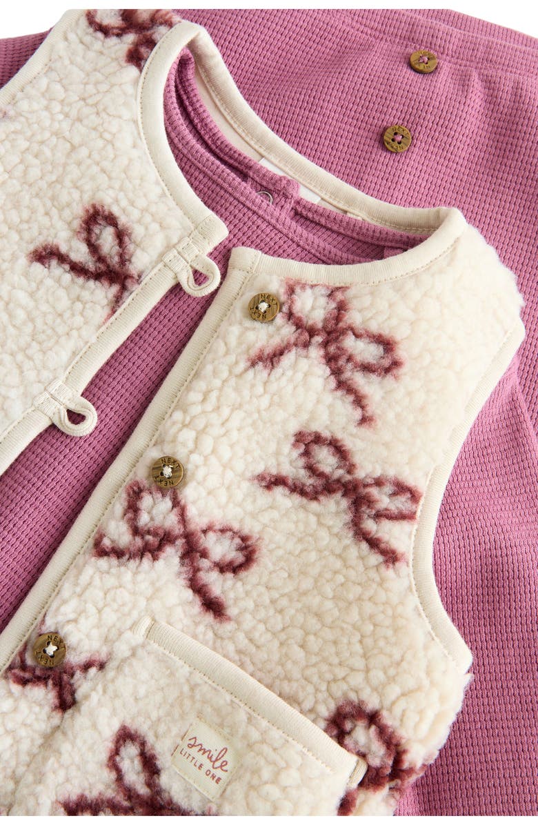 NEXT Bow Print Fleece Vest, Waffle Knit Top and Waffle Knit Leggings Set, Alternate, color, Purple Multi