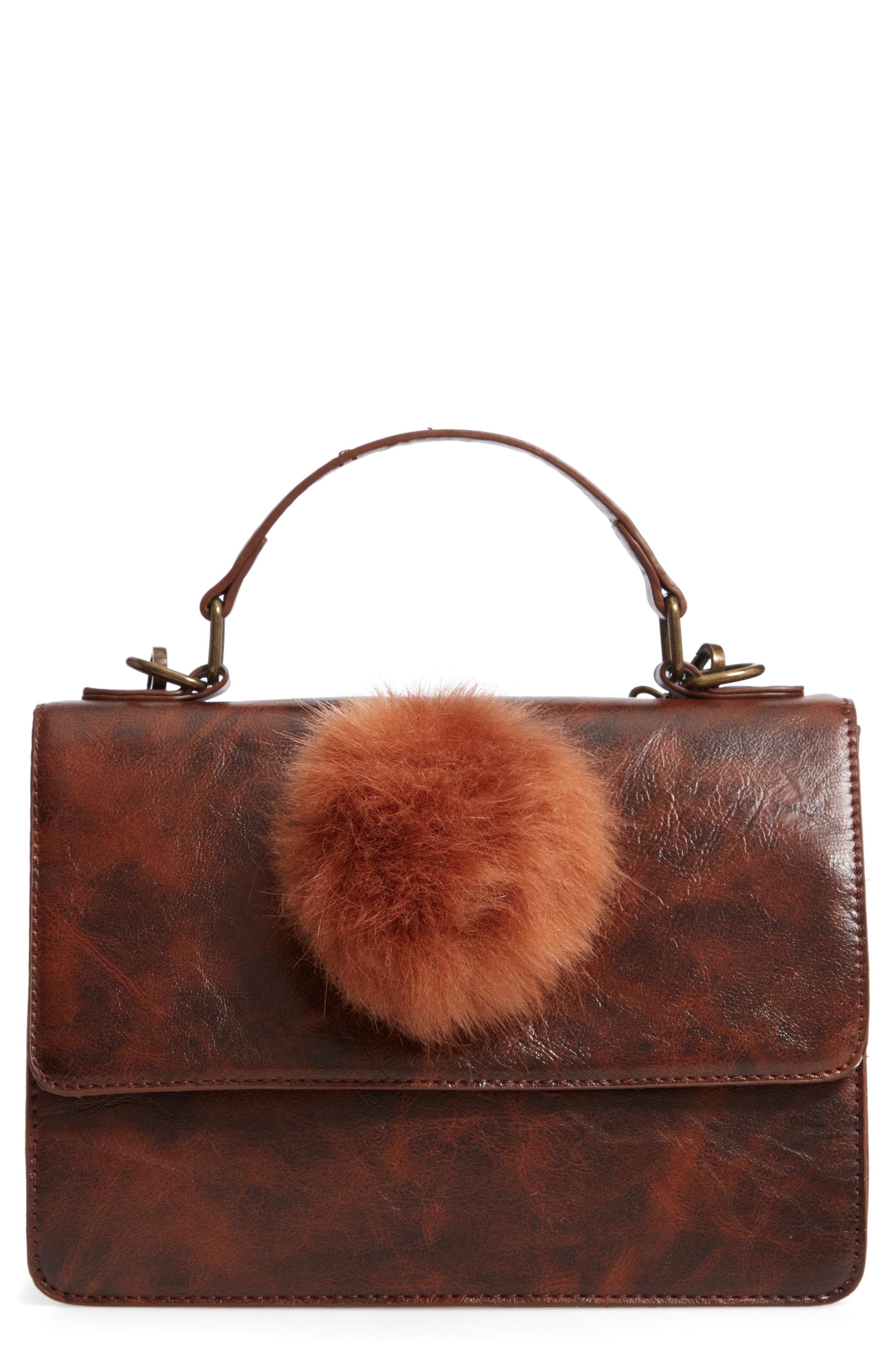 Muche et Muchette Eleanor Faux Leather Satchel with Faux Fur Pom, Main, color, 