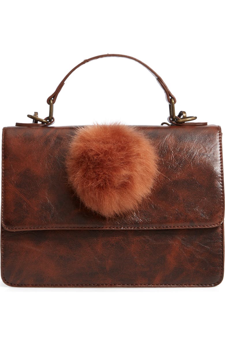 Muche et Muchette Eleanor Faux Leather Satchel with Faux Fur Pom, Main, color,