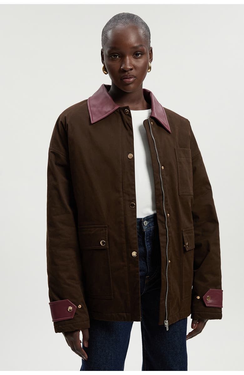 Karen Millen Quilted Contrast Collar Barn Jacket, Main, color, Chocolate