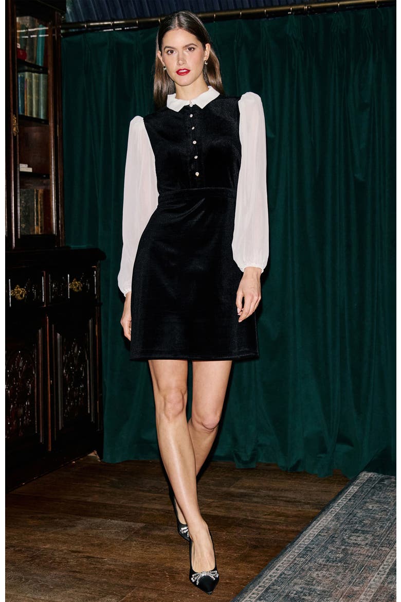 Contrast Long Sleeve Velvet Mini Dress, Alternate, color, Black