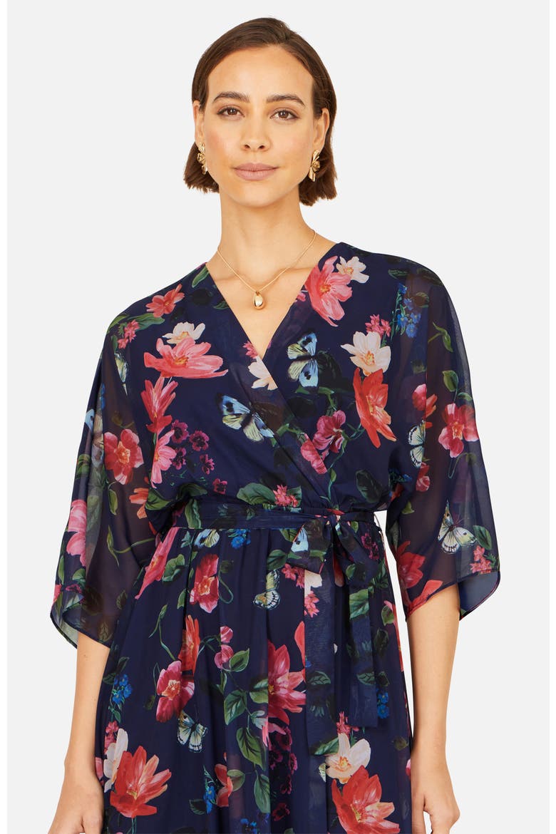 Floral Dip Hem Wrap Midi Dress, Alternate, color, Navy