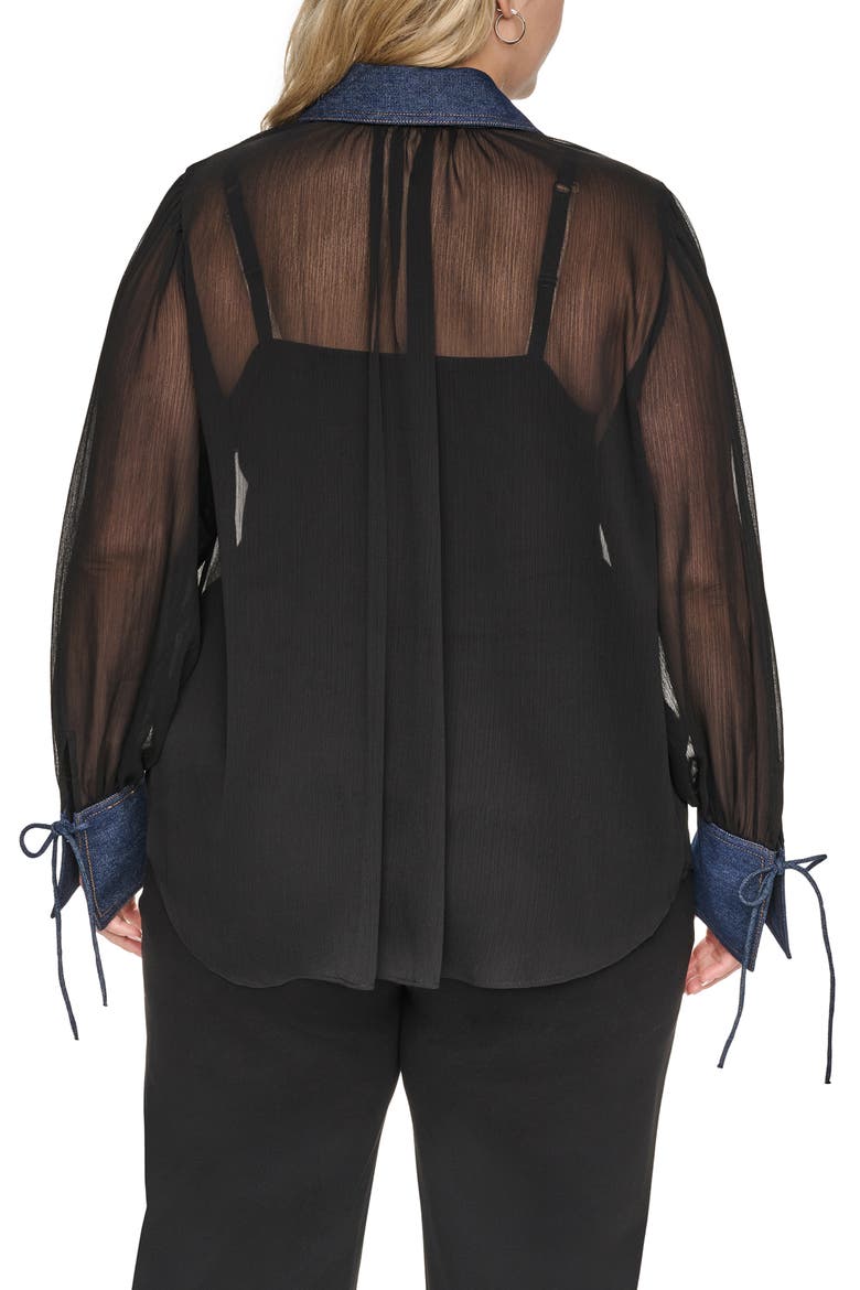 Crinkle Chiffon Shirt with Denim Trim, Alternate, color, BLACK