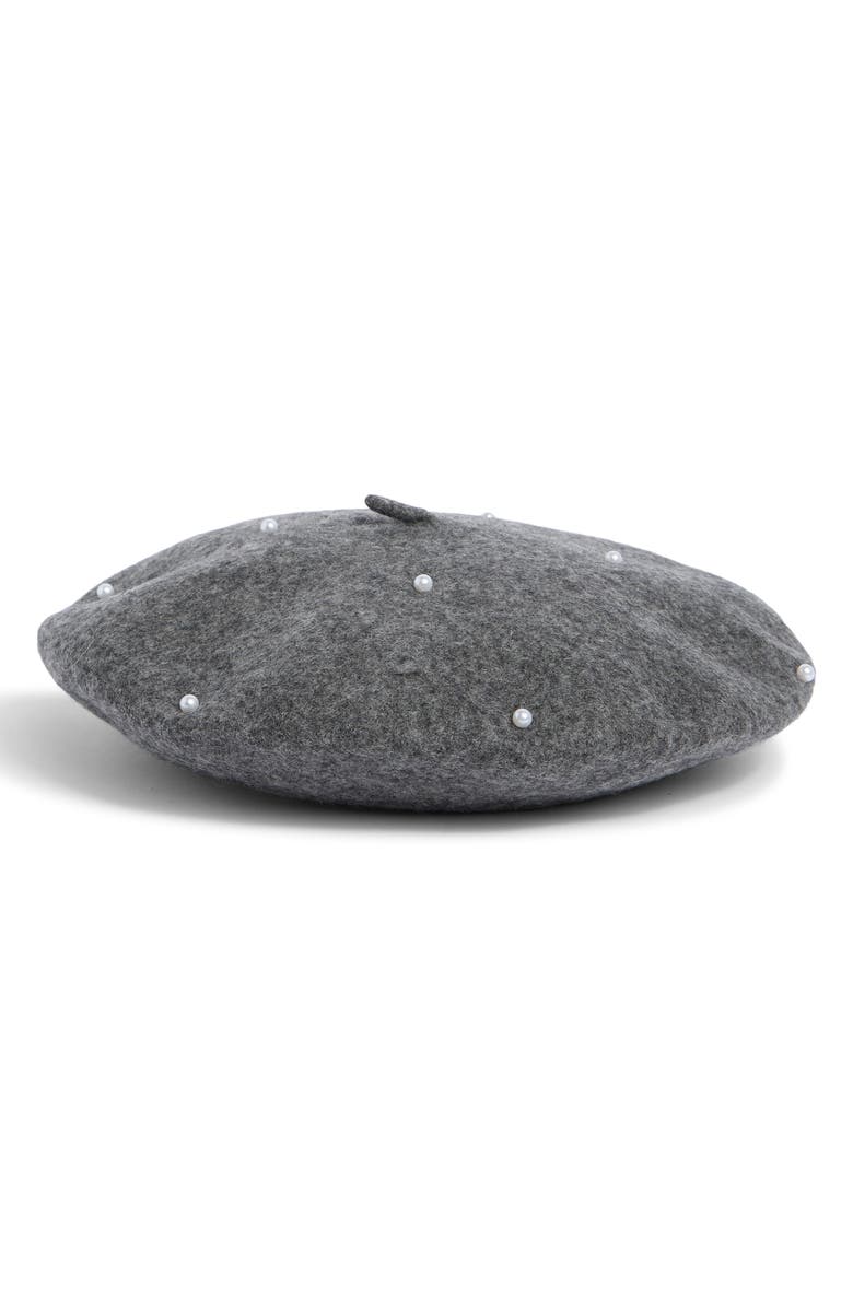 Tasha Imitation Pearl Wool Blend Beret, Alternate, color, Grey