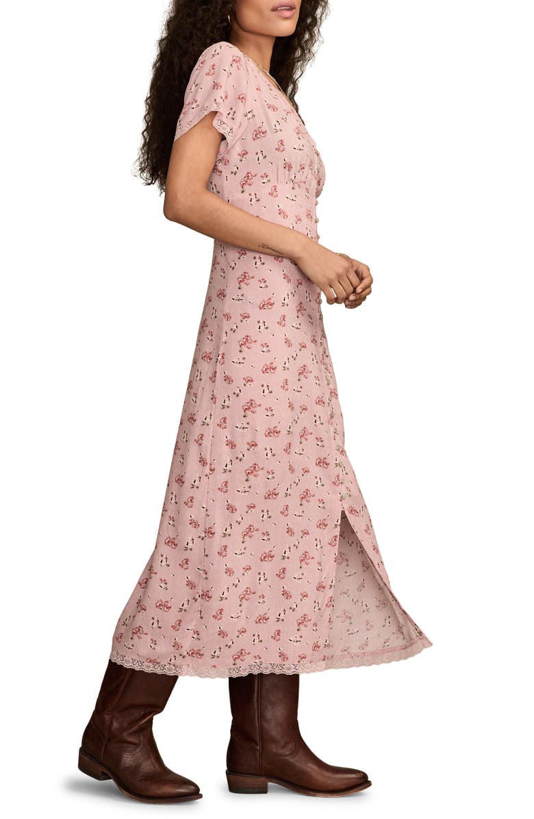 Lucky Brand Simone Floral Lace Trim Midi Dress, Alternate, color, Mauve Floral