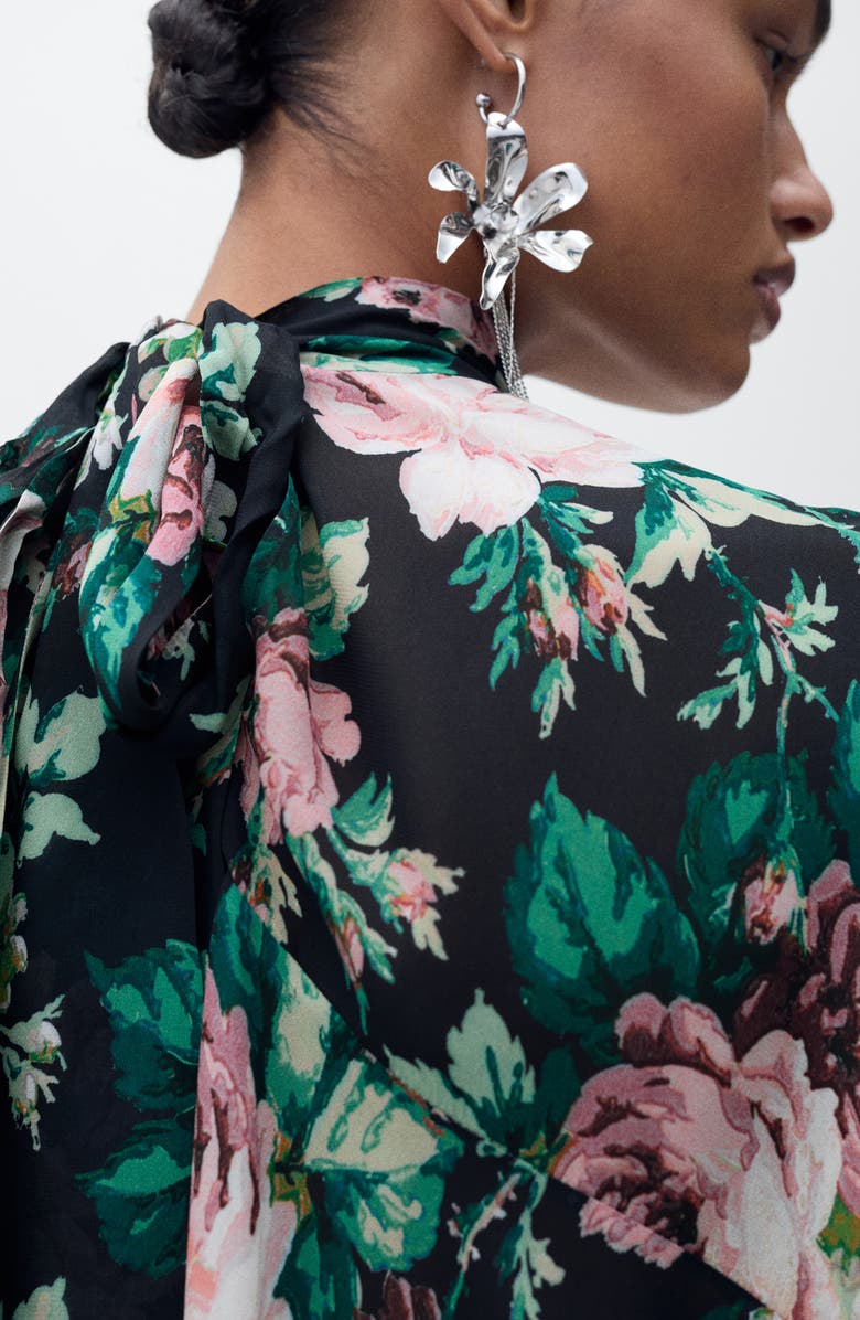 MANGO Floral Print Tie Neck Top, Alternate, color, 