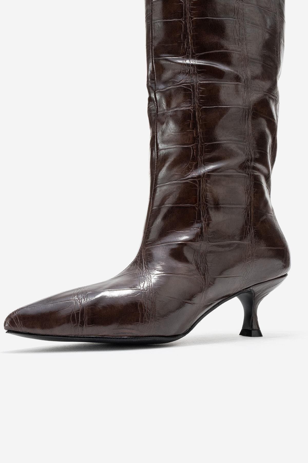 Prologue Shoes Crow Embossed Pointed Toe Boot, Alternate, color, Brown Print Faux Leather