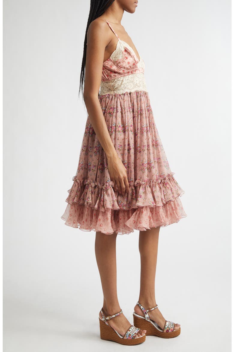 Floral Bouquet Print Satin, Chiffon & Lace Dress, Alternate, color, MAZZOLINI FIORI FROS