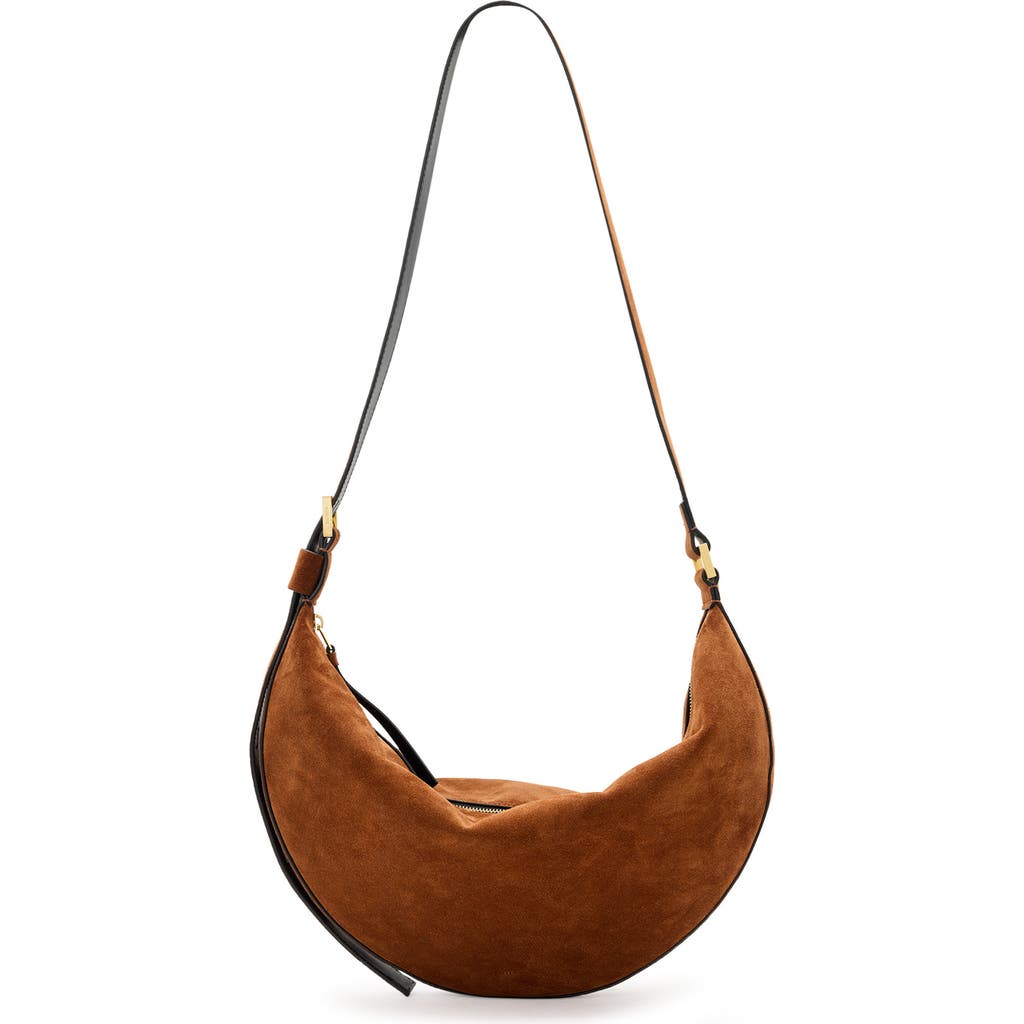 Shop Allsaints Half Moon Suede Shoulder Bag In Cognac Brown