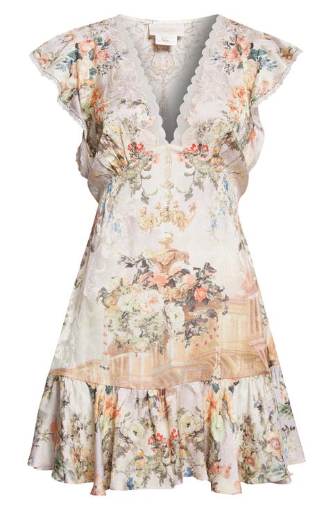Floral Cap Sleeve Lace Trim Dress
