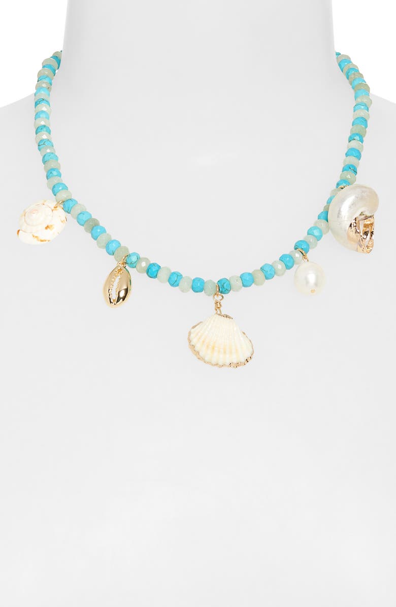 BaubleBar Maris Seashell Charm Beaded Necklace, Alternate, color, Turquoise