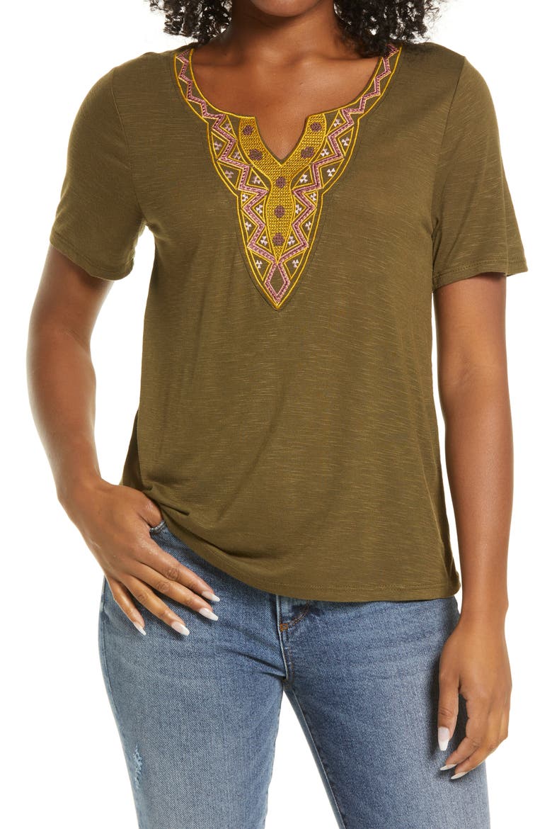 Embroidered Neck T-Shirt, Main, color, DARK OLIVE