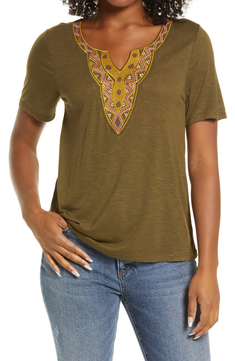 Bobeau Embroidered Neck T-Shirt, Main, color,