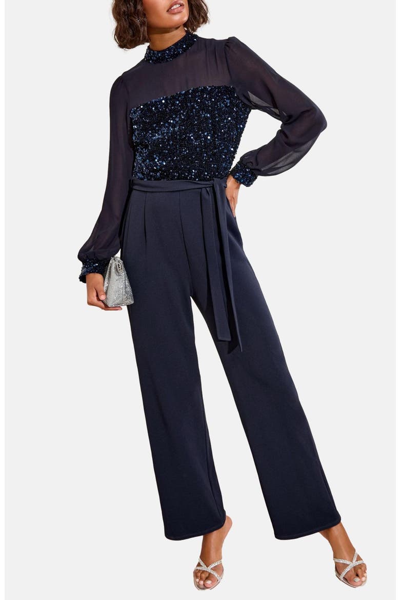 Sequin Mixed Media Long Sleeve Jumpsuit, Main, color, NAVY BLUE