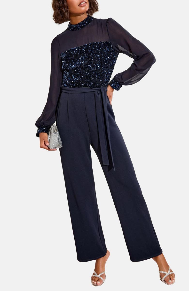 Friends Like These Sequin Mixed Media Long Sleeve Jumpsuit, Main, color, Navy Blue