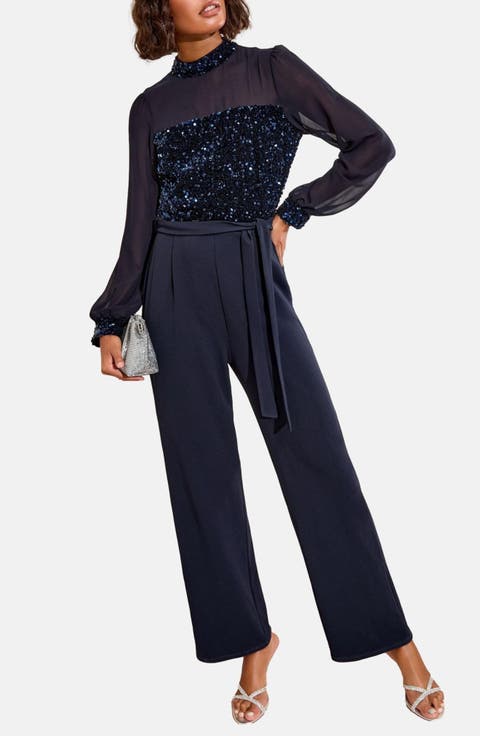 Sequin Mixed Media Long Sleeve Jumpsuit