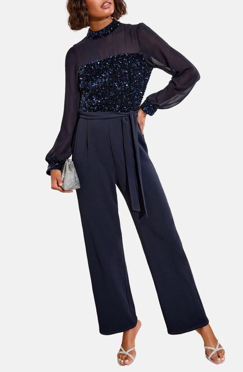 Friends Like These Sequin Mixed Media Long Sleeve Jumpsuit In Blue