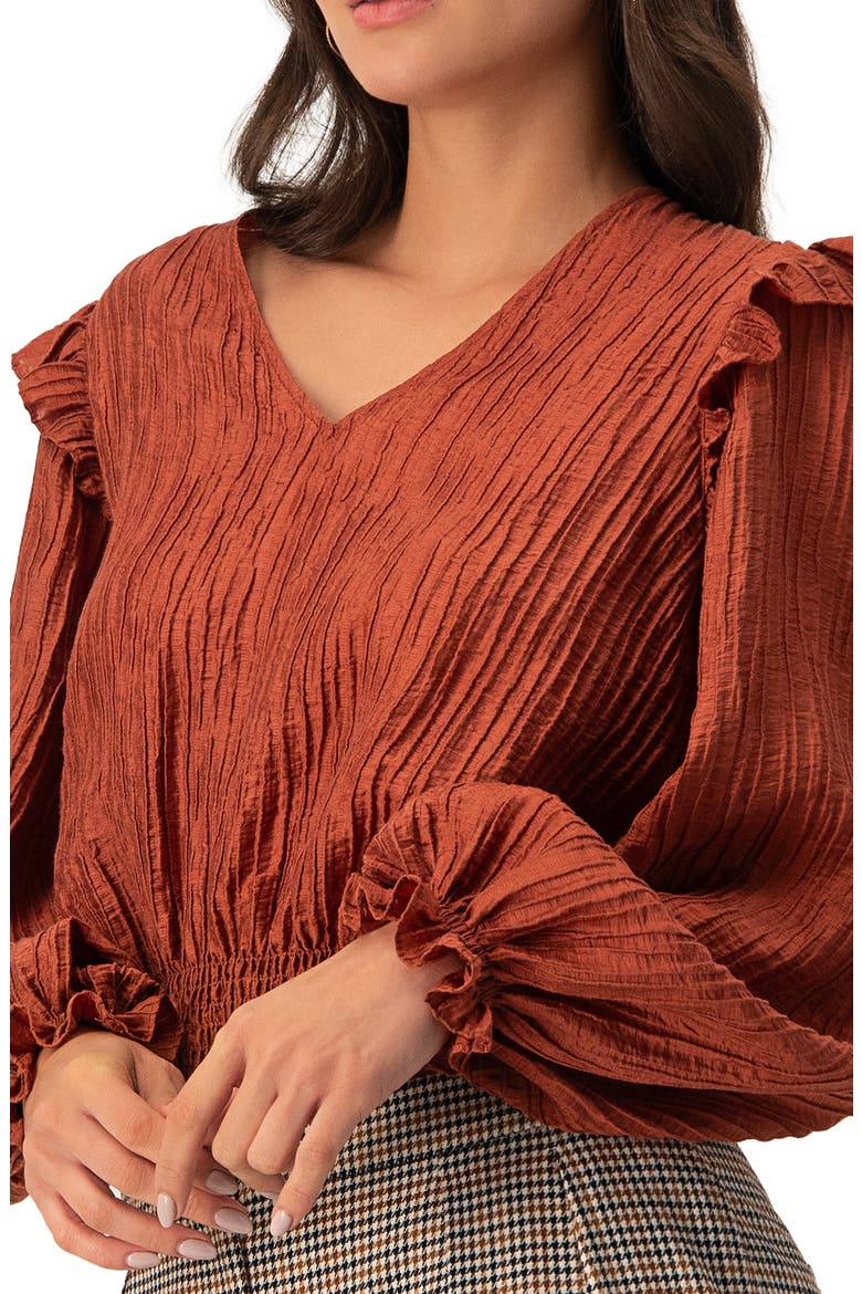 V-Neck Smocked Blouse with Ruffle Sleeves, Alternate, color, Chedron