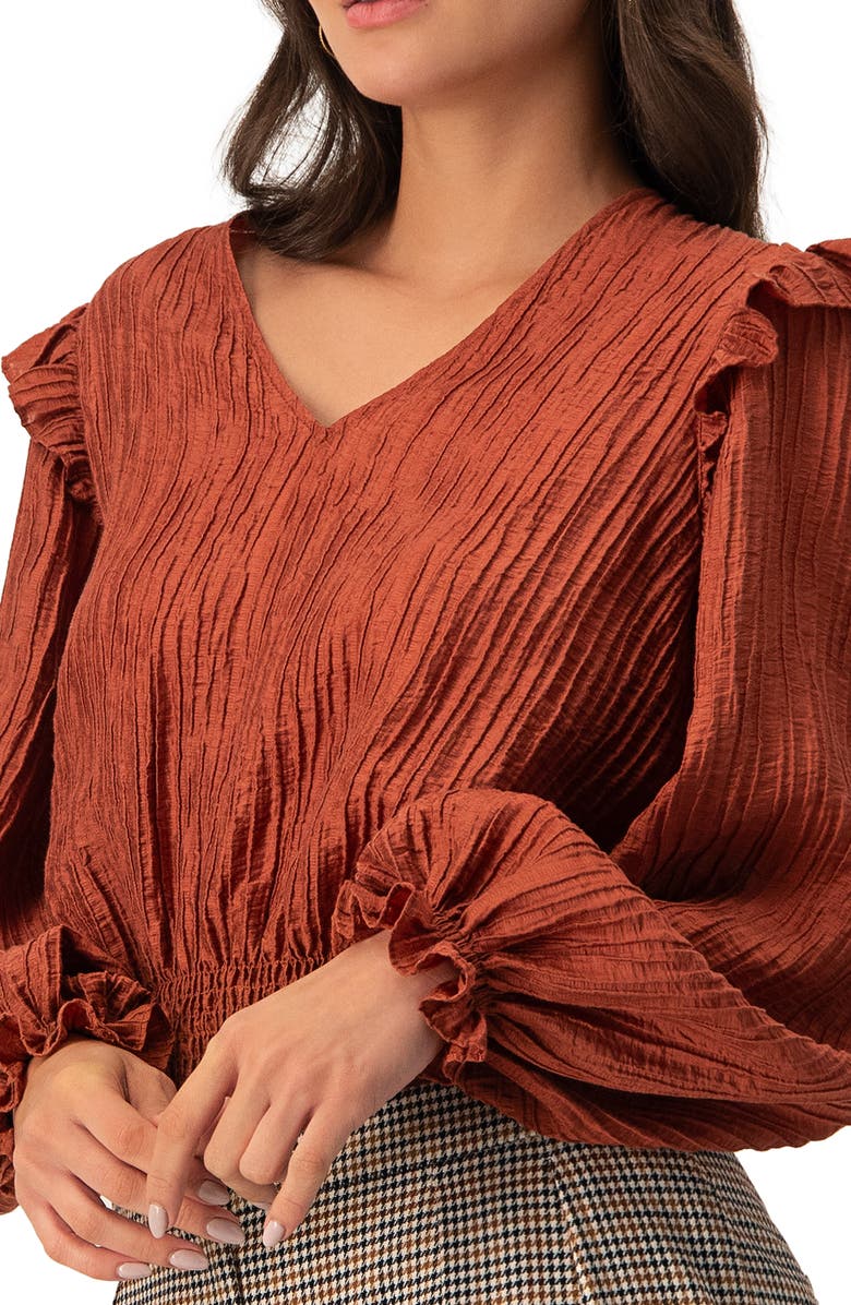 IVONNE V-Neck Smocked Blouse with Ruffle Sleeves, Alternate, color, Chedron