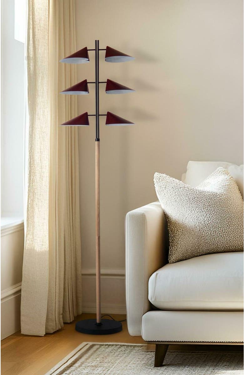 Brightech Ivo 65" Japandi-Inspired Floor Lamp with Oak and Red Accent, Integrated LEDs, Alternate, color, Matte Black