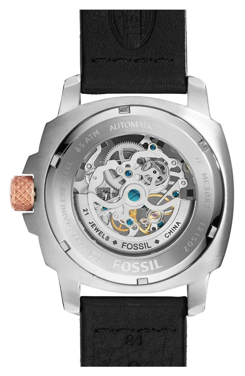 Fossil 'Modern Machine' Skeleton Dial Leather Strap Watch, 50mm, Alternate, color, 