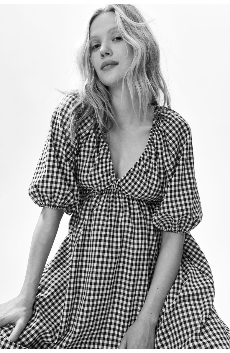 H&M Mama balloon-sleeved midi dress, Alternate, color, Black/Gingham