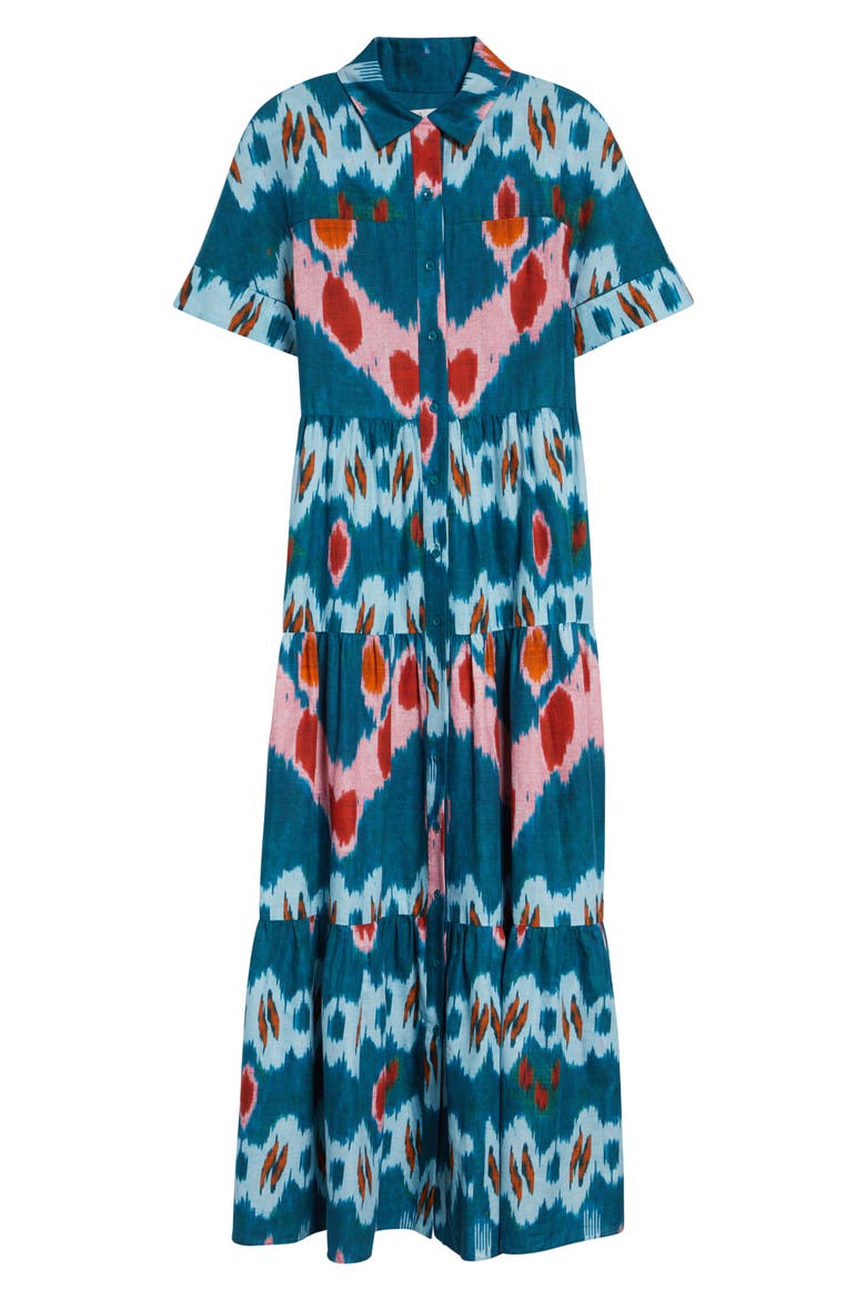Ikat Print Tiered Cotton Sateen Midi Shirtdress, Alternate, color, IKAT AZURE BLUE