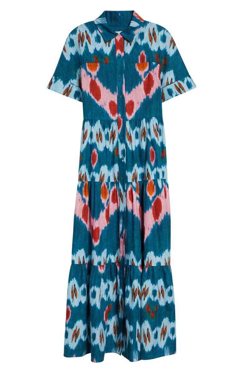 Erdem Ikat Print Tiered Cotton Sateen Midi Shirtdress, Alternate, color, Ikat Azure Blue