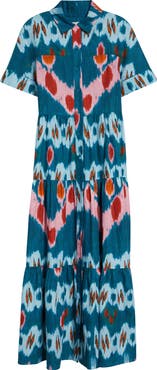 Erdem Ikat Print Tiered Cotton Sateen Midi Shirtdress