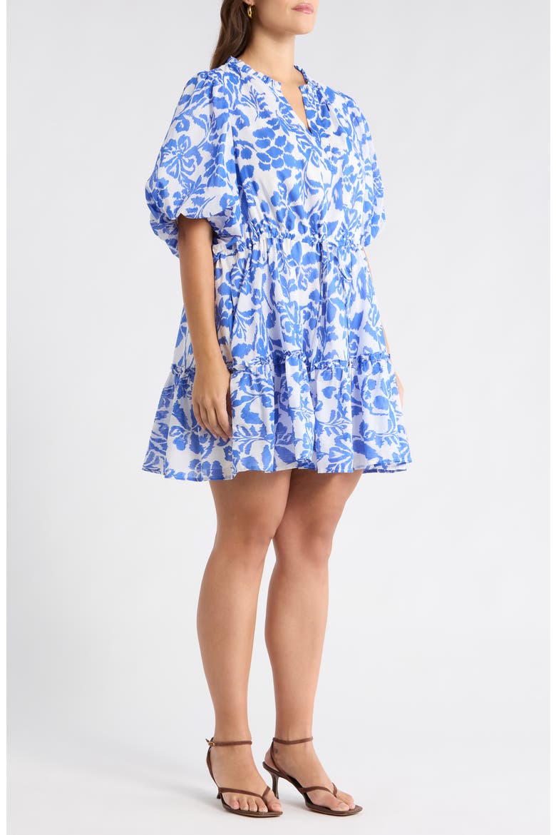 Shia Floral Noella Puff Sleeve Cotton Minidress, Alternate, color, WHITE BLUE