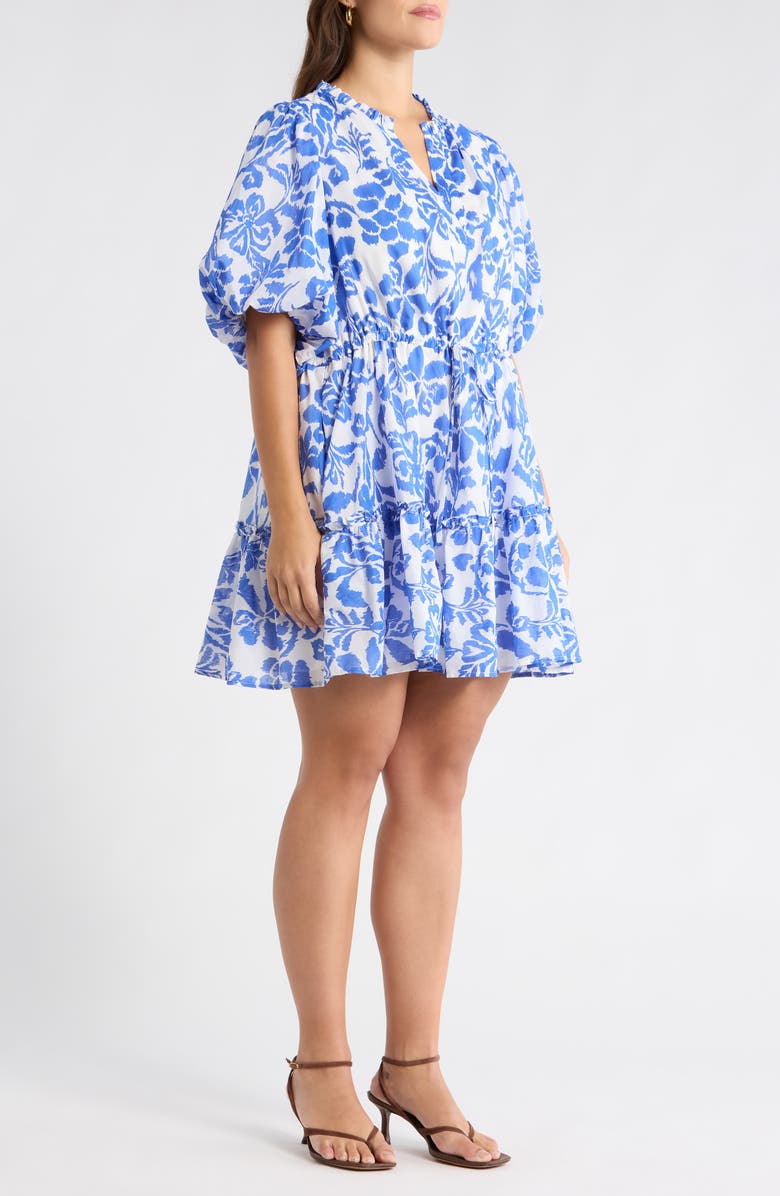 SUGARLIPS Shia Floral Noella Puff Sleeve Cotton Minidress, Alternate, color, White Blue