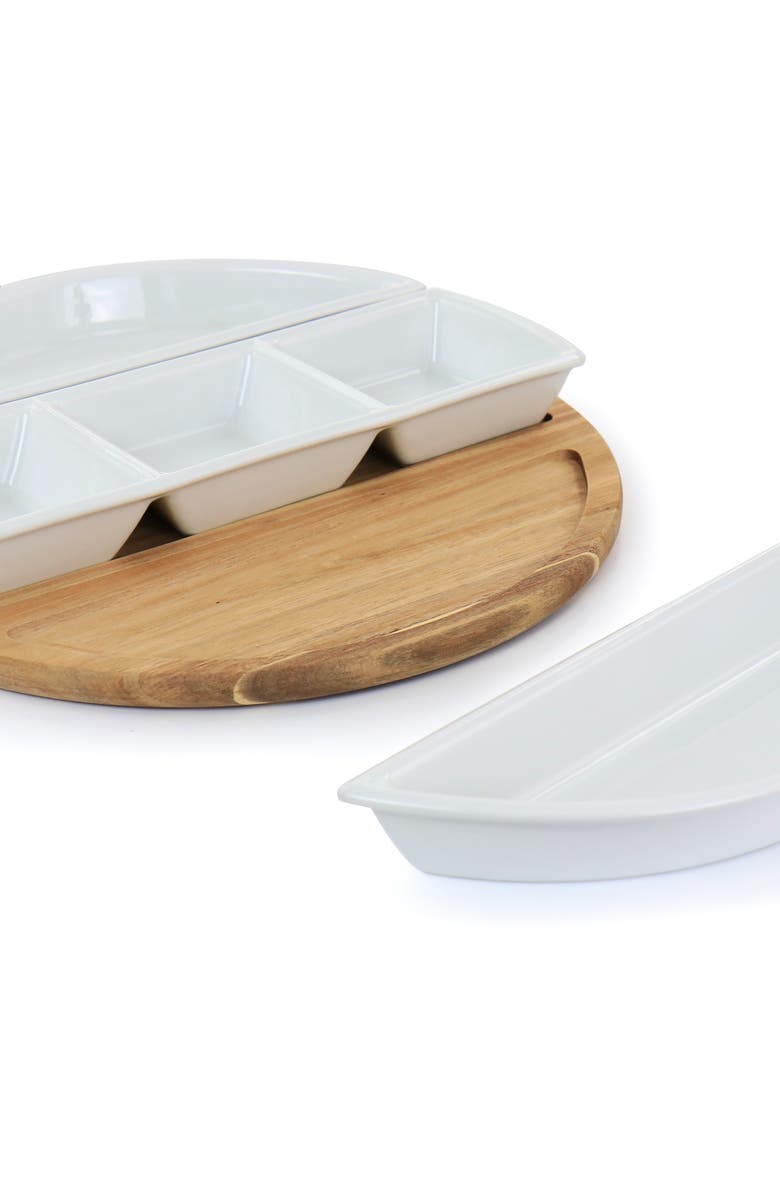 Gibson Elite Gracious Dining 4 Piece Fine Ceramic Sectional Tray Set with Acacia Wood Base, Alternate, color, White