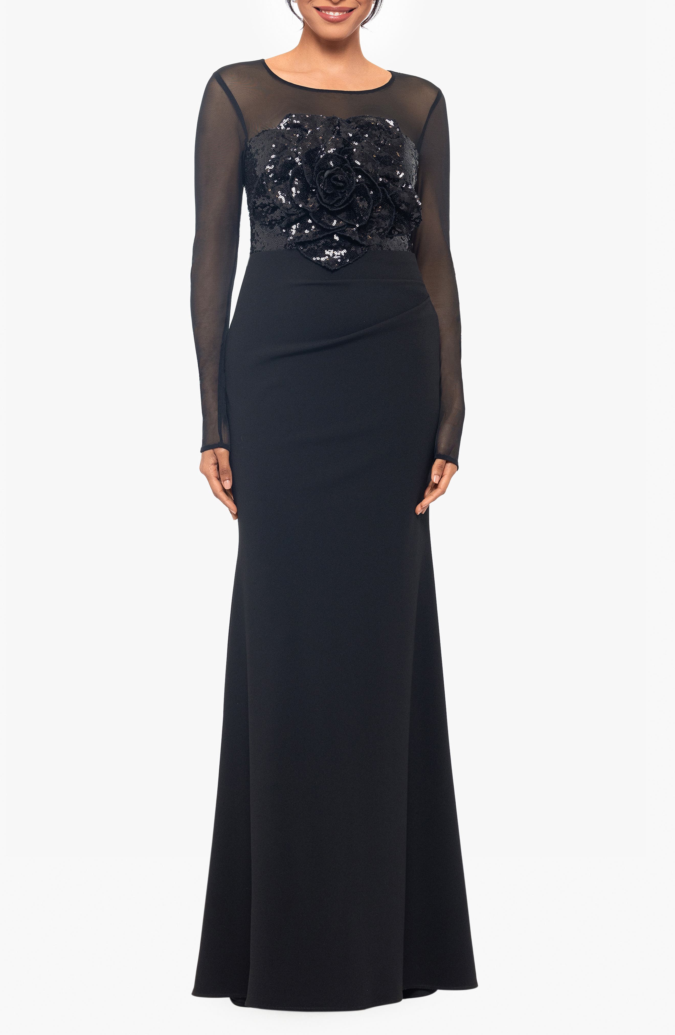 Betsy & Adam Sequin Illusion Long Sleeve Trumpet Gown in Black 