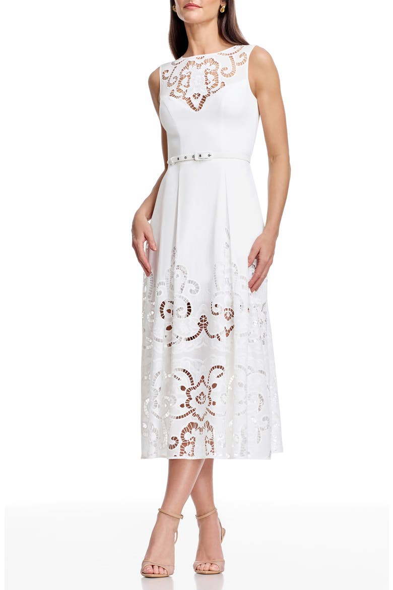 Colton Cutwork Detail Cotton Cocktail Midi Dress, Main, color, WHITE