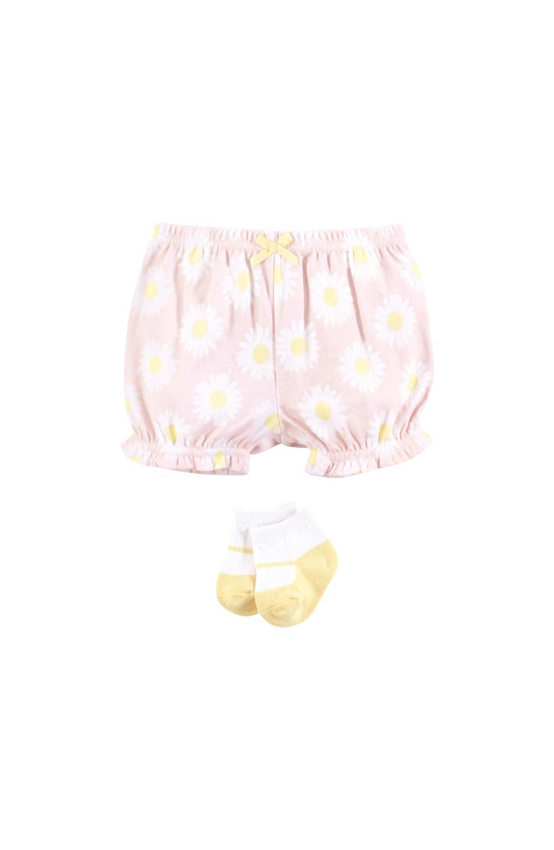 Hudson Baby Coordinated Bodysuit Outfit with Shorts and Socks, Alternate, color, Bee Pink Daisy