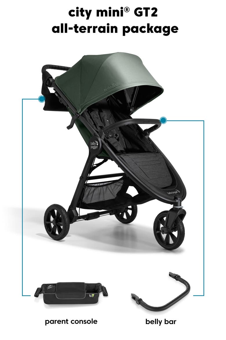 city mini® GT2 All-Terrain Stroller, Parent Console & Belly Bar Package, Main, color, BLACK/ GREEN