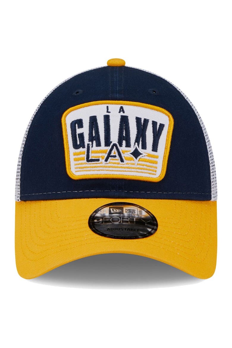 Men's New Era Navy/Gold LA Galaxy Patch 9FORTY Trucker Snapback Hat, Alternate, color, Navy