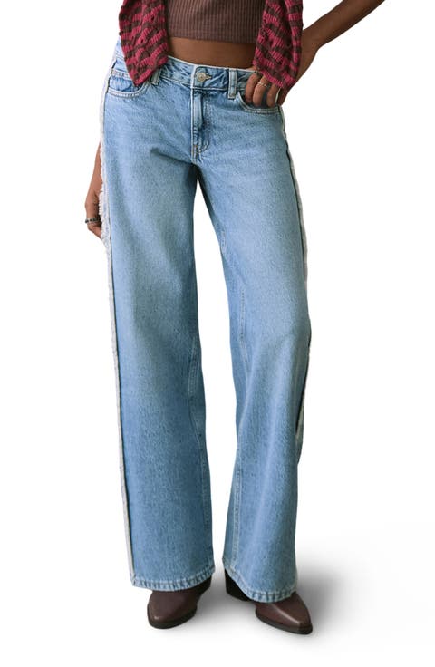 Frayed Side Low Rise Wide Leg Jeans