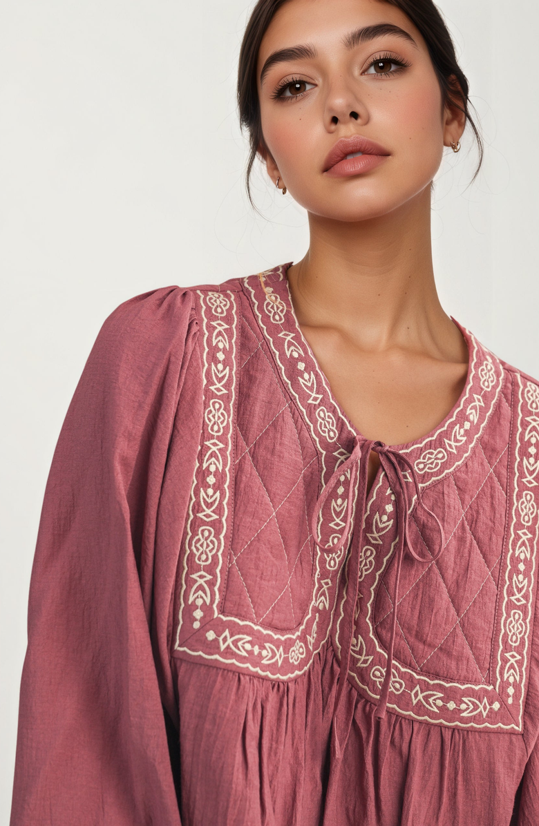 Knit and Lounge Embroidered Yoke Tie Neckline Flowy Long Sleeve Blouse, Alternate, color, Mauve / Dusty Pink