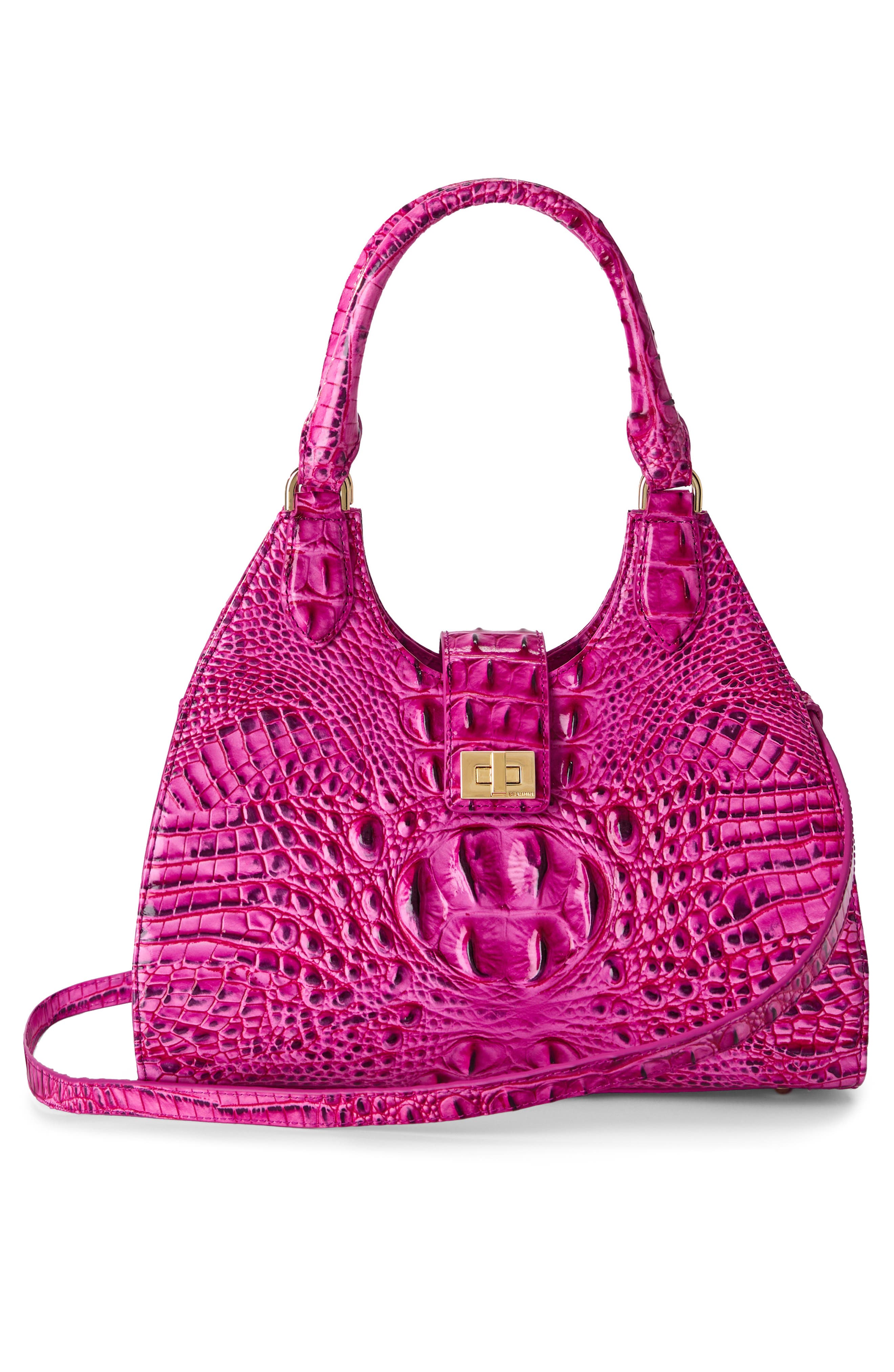 Brahmin Adrian Croc Embossed Leather Shoulder Bag, Alternate, color, Electric Fuschia