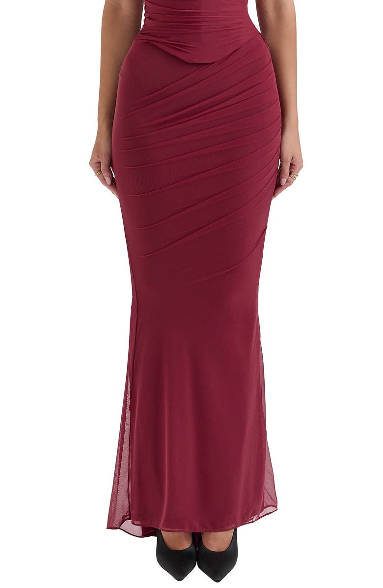 HOUSE OF CB Cassidy Ruched Maxi Skirt, Main, color, Cabernet